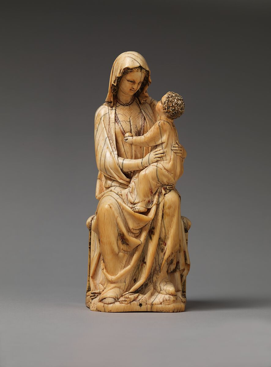 Enthroned Virgin and Child, Elephant ivory with traces of paint and gilding, French 