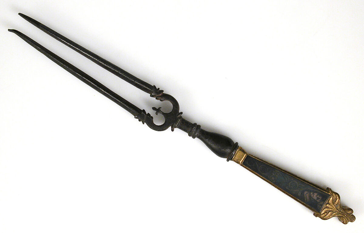 Fork, Iron, copper alloy, partially gilt, silver and niello, Italian