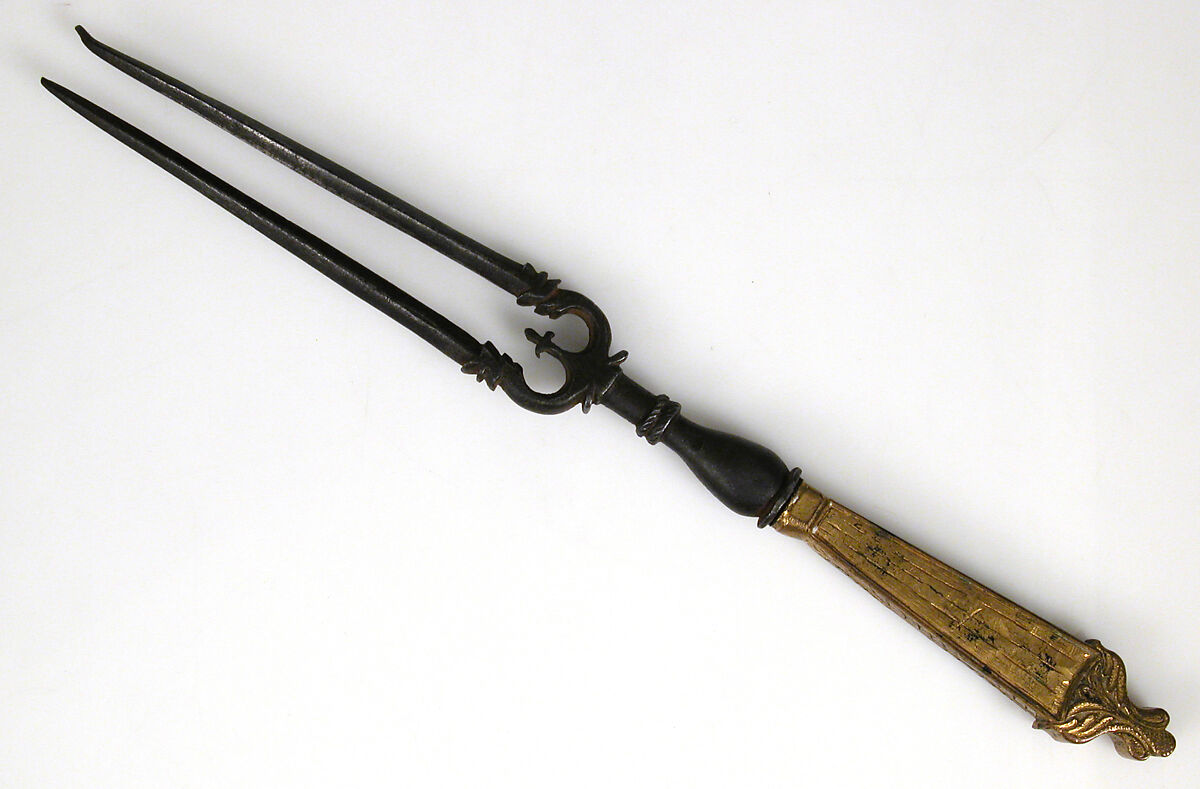 Fork, Iron, copper alloy, partially gilt, silver and niello, Italian