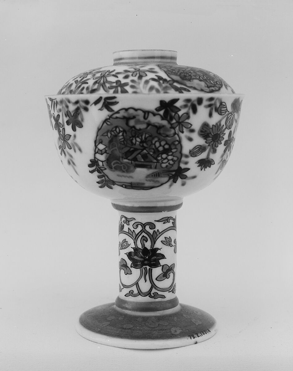 Covered Cup on Pedestal, White porcelain decorated with red, gold, blue under the glaze (Arita ware), Japan 