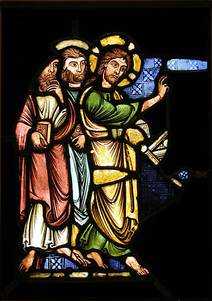 Jesus and Two Apostles from a Miracle Scene, Pot-metal glass, vitreous paint, and lead, French 