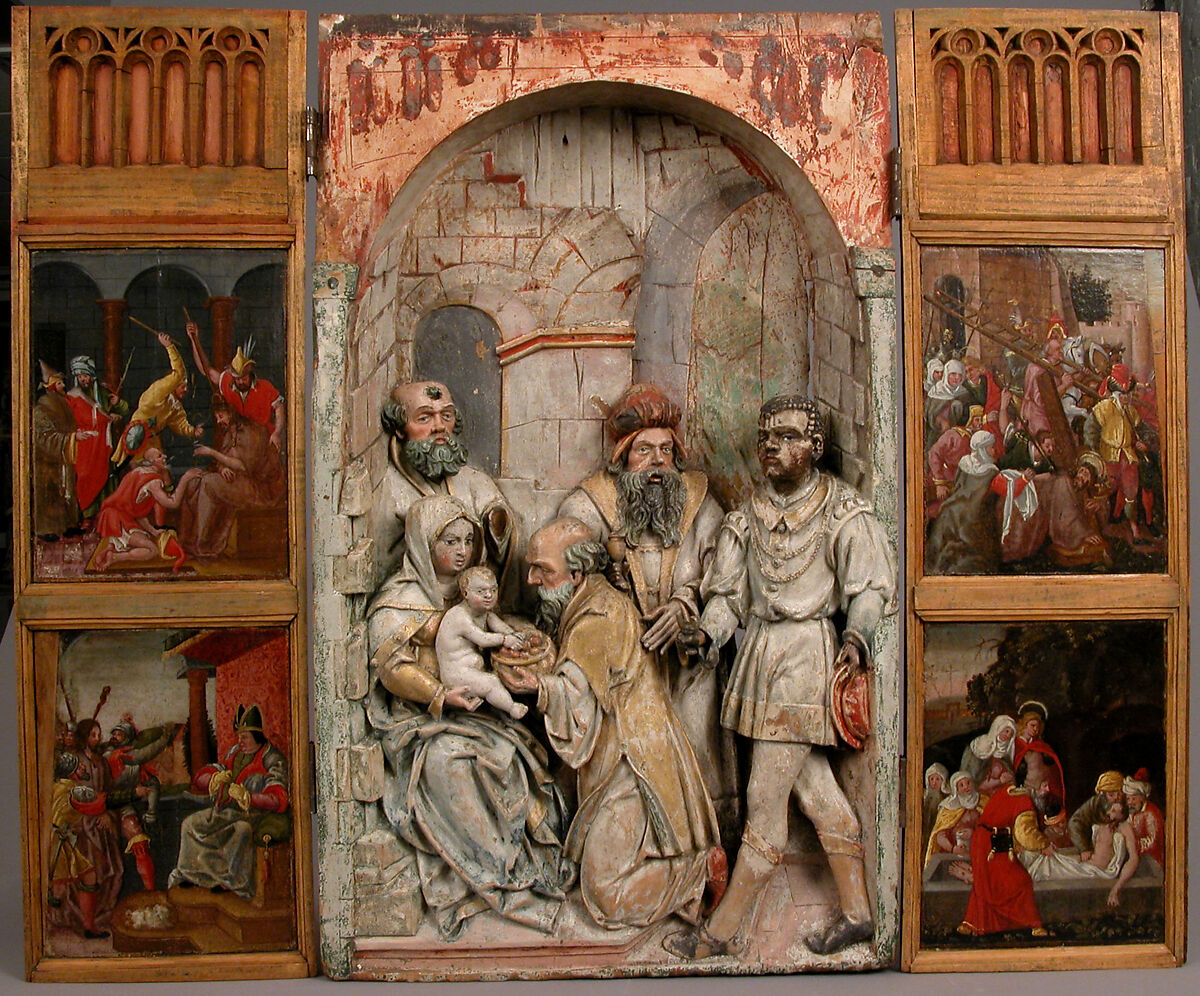 Adoration of the Magi Triptych Panel, relief: wood, polychromed and gilt, wings: tempera on panels, German 