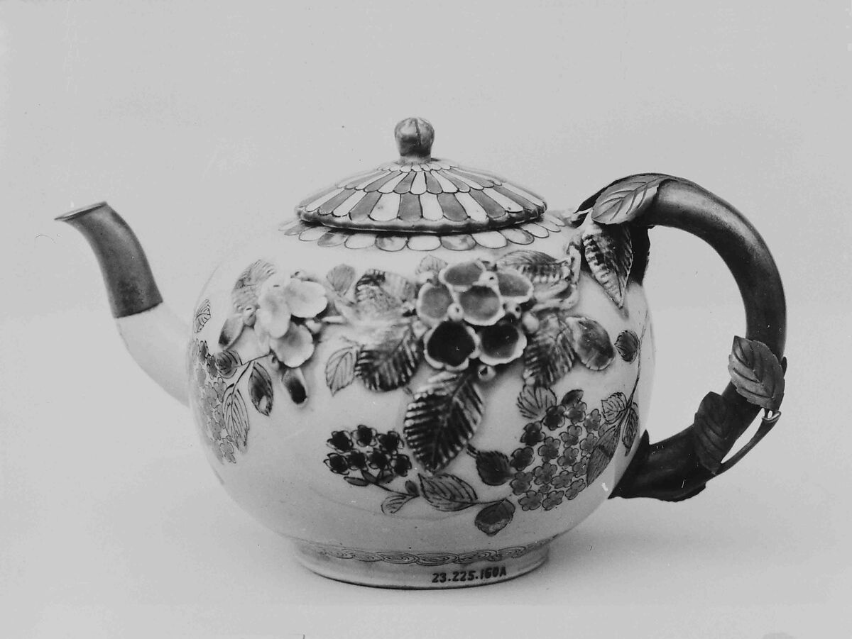 Teapot and cover, Porcelain decorated with relief designs and enamels (Arita ware, Imari type), Japan 