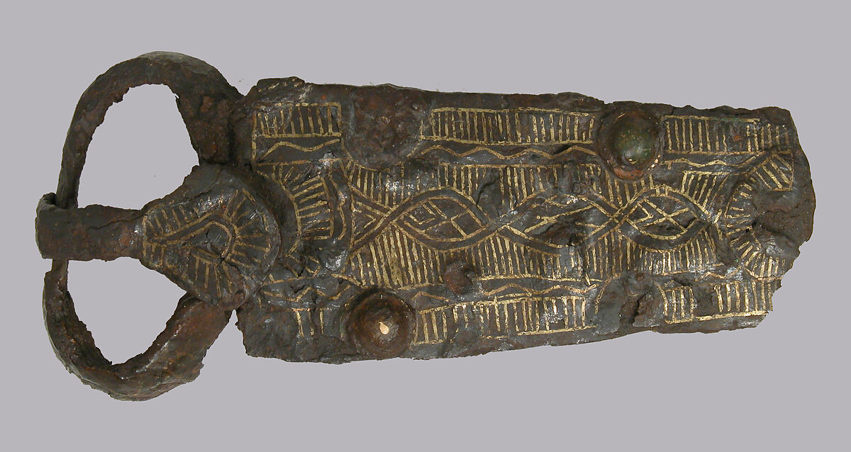 Attachment Plate and Loop of a Belt Buckle, Iron, brass inlay, bronze nails, Frankish or Burgundian 