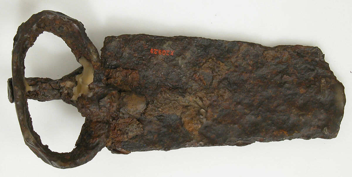 Attachment Plate and Loop of a Belt Buckle, Iron, brass inlay, bronze nails, Frankish or Burgundian