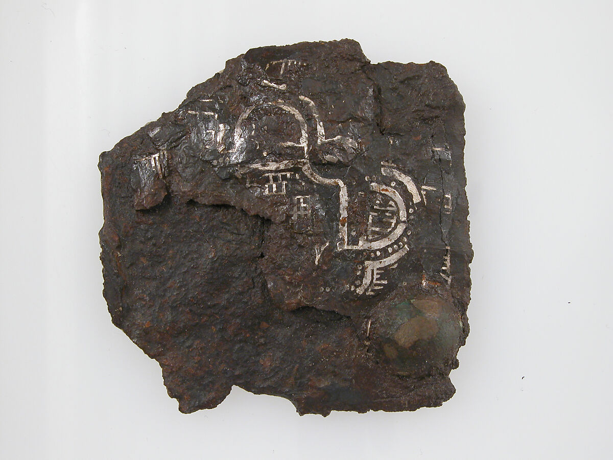 Belt Plate Fragment, Iron, silver inlay, bronze nails, Frankish 