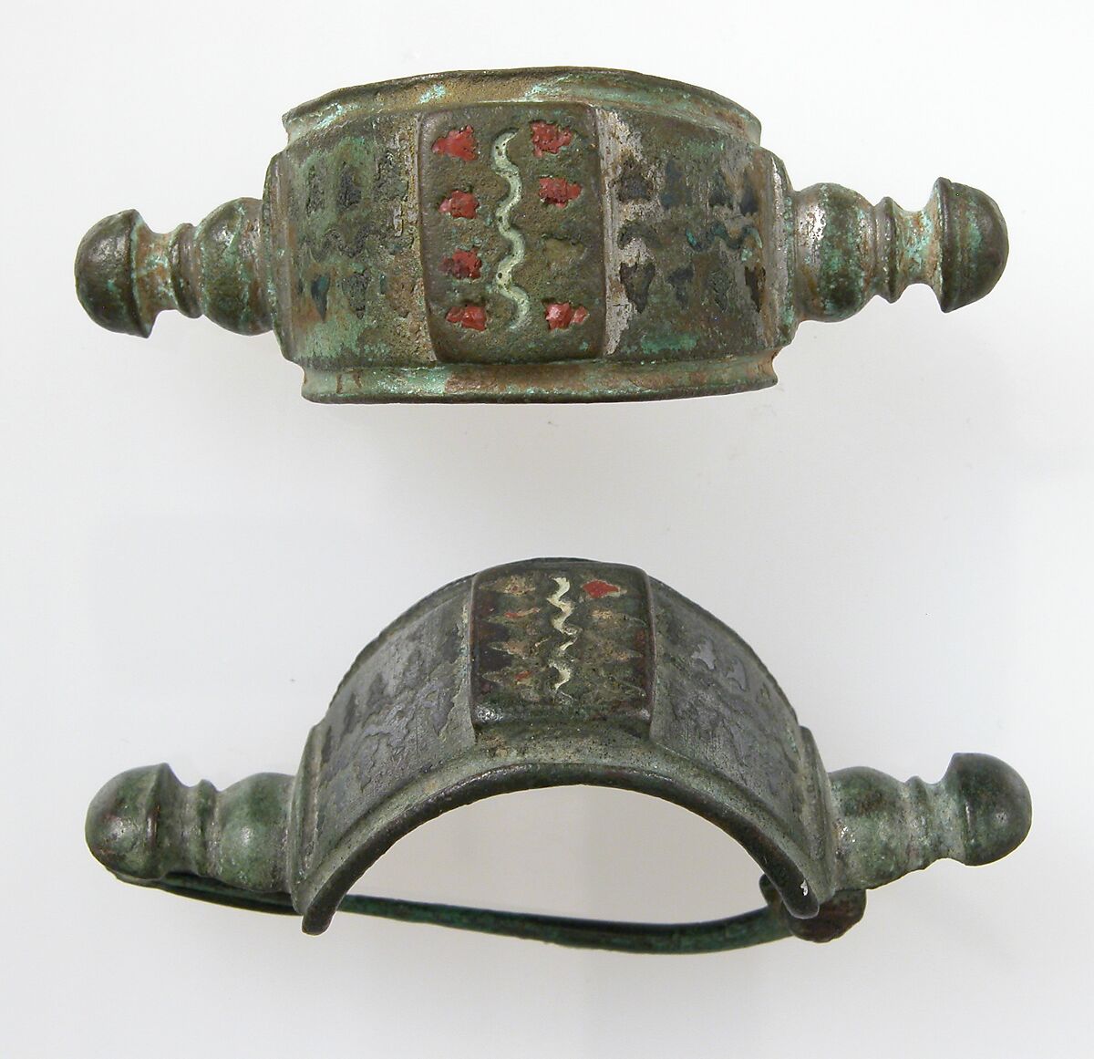 Bow Brooch, Champlevé enamel, bronze, traces of silver, Roman