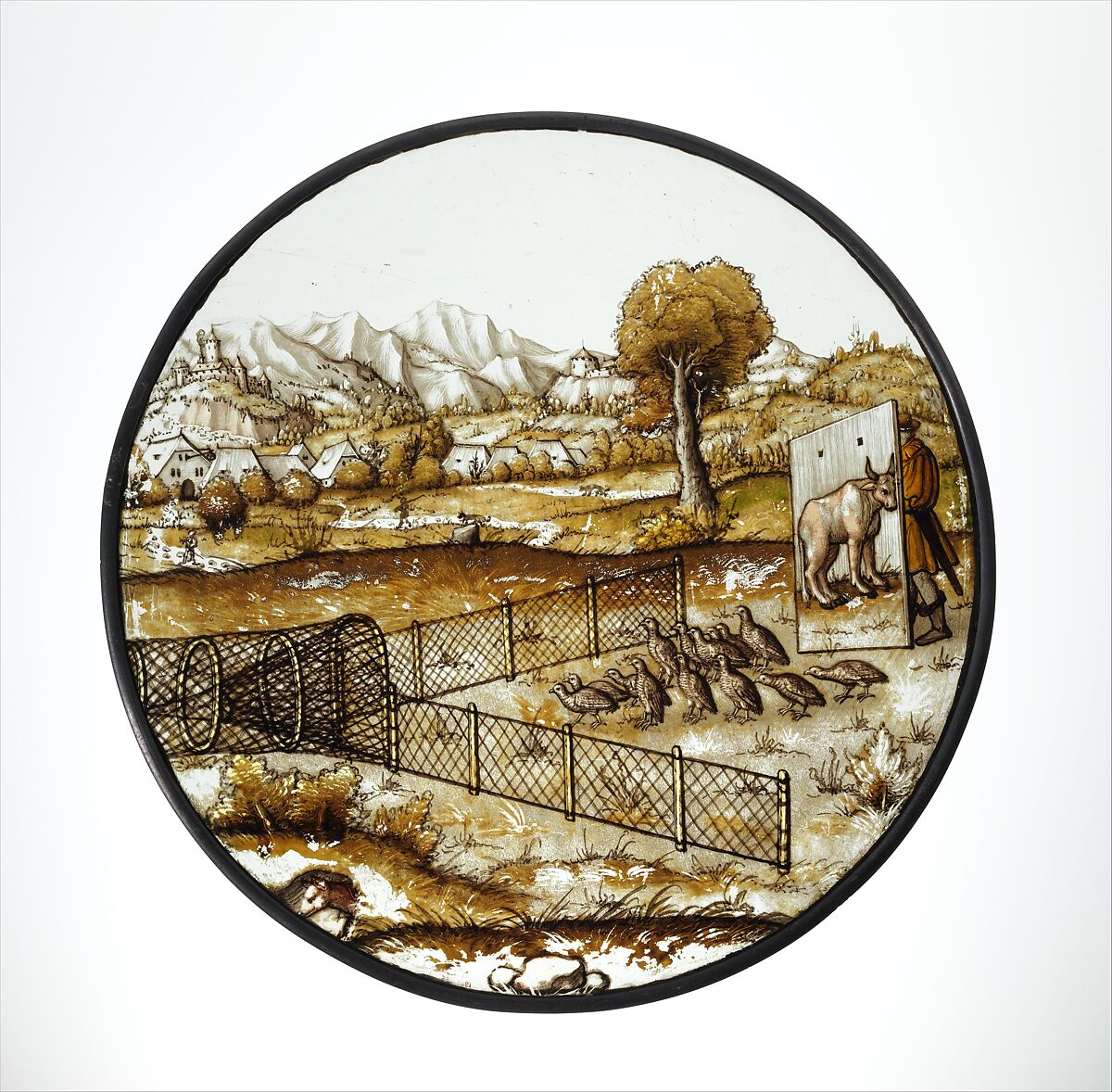 Roundel with Netting Quail, After a design by Augustin Hirschvogel (German, Nuremberg 1503–1553 Vienna), Colorless glass, vitreous paint, silver stain and cold enamel, German 