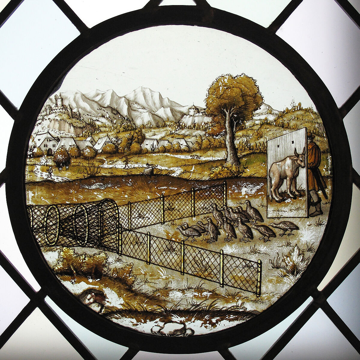 Roundel with Netting Quail, After a design by Augustin Hirschvogel (German, Nuremberg 1503–1553 Vienna), Colorless glass, vitreous paint, silver stain and cold enamel, German