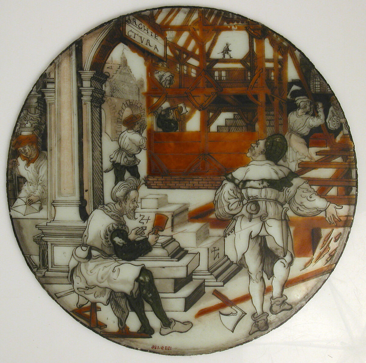 Roundel with Architecture (from a series of The Septem Artes Mechanicae), After Monogrammist SZ (German, active 16th century), Colorless glass, silver stain and vitreous paint, German 