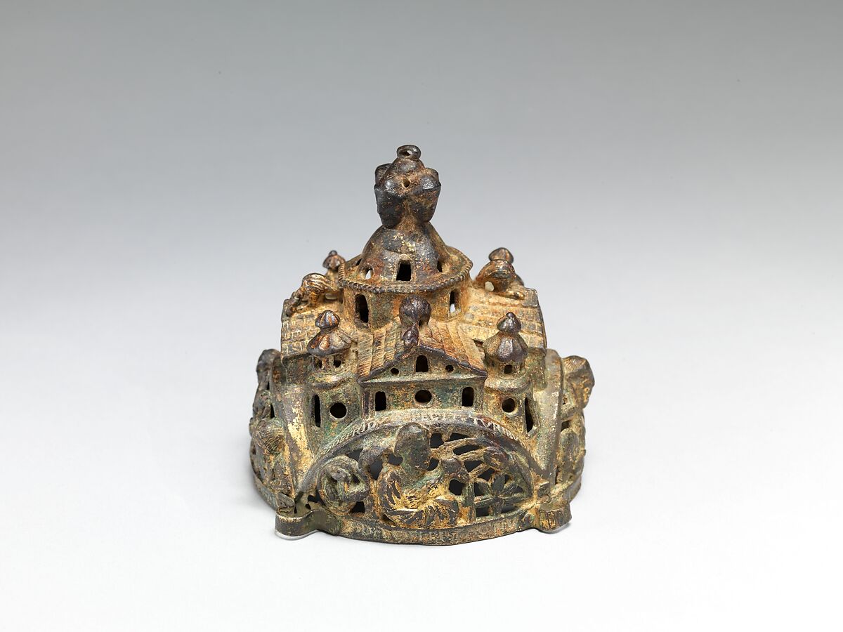 Cover of a Censer, Godefridus, Copper alloy, cast, engraved, chased, punched, and gilded, South Netherlandish