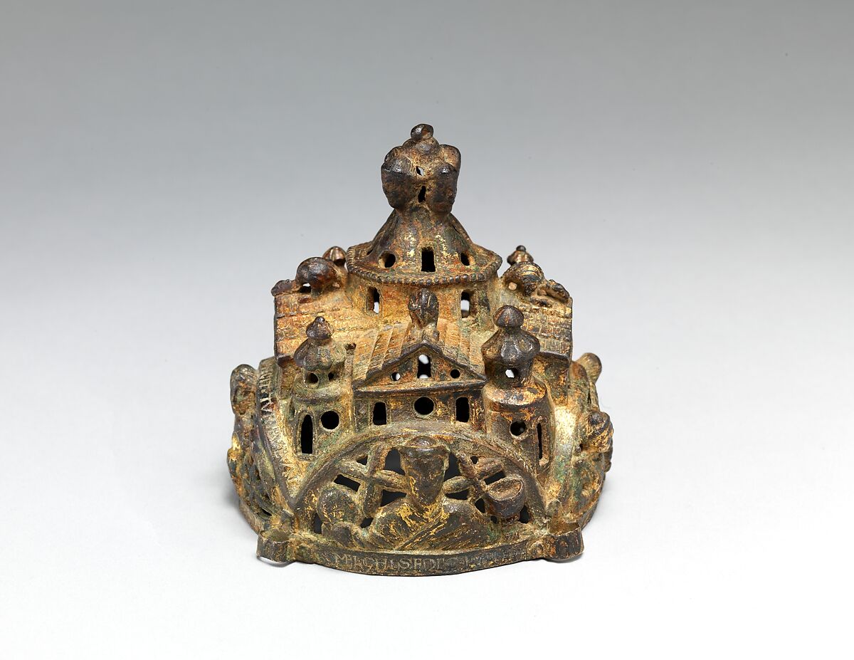 Cover of a Censer, Godefridus, Copper alloy, cast, engraved, chased, punched, and gilded, South Netherlandish