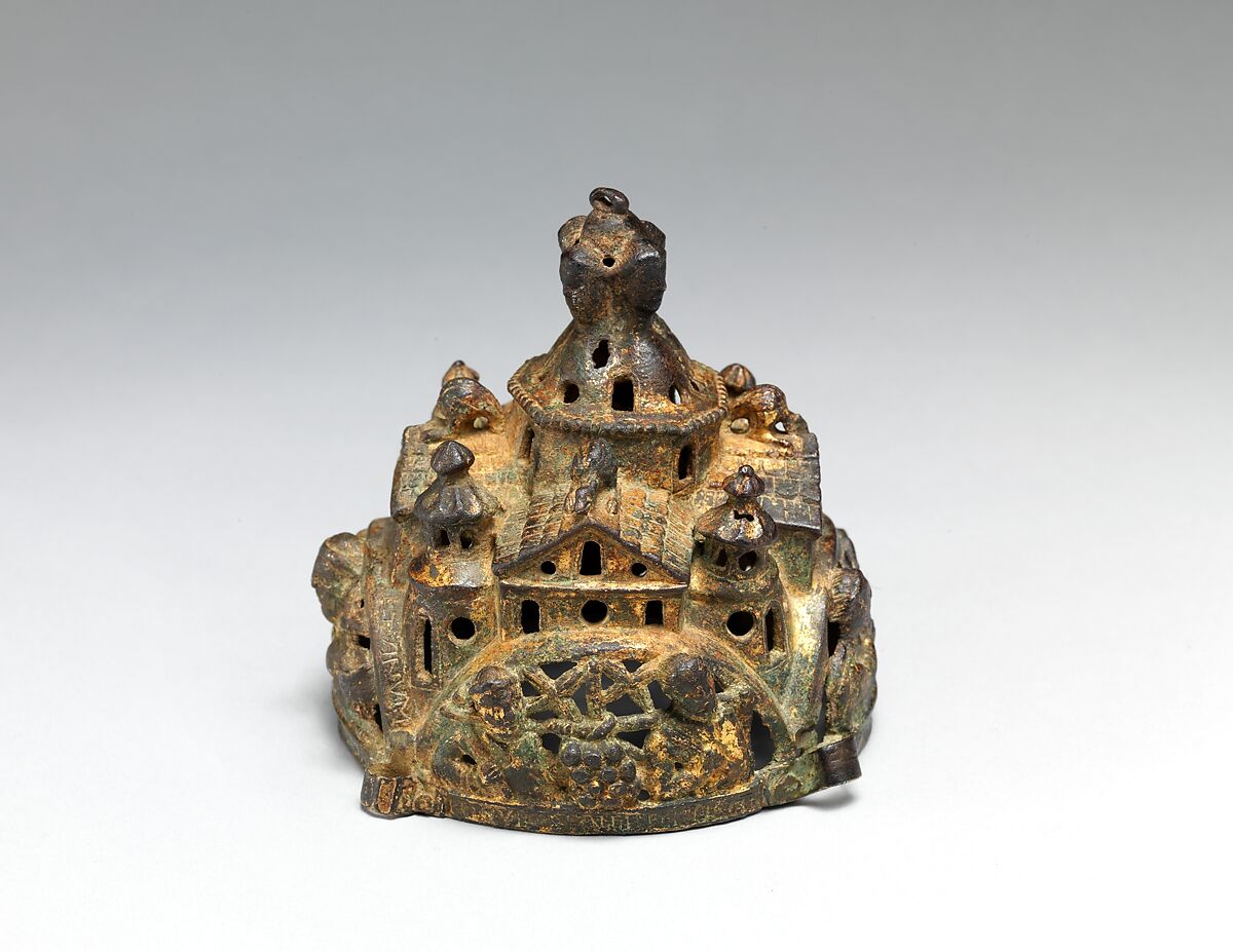Cover of a Censer, Godefridus, Copper alloy, cast, engraved, chased, punched, and gilded, South Netherlandish