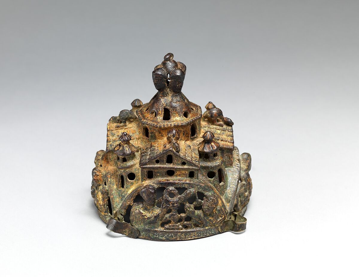 Cover of a Censer, Godefridus, Copper alloy, cast, engraved, chased, punched, and gilded, South Netherlandish