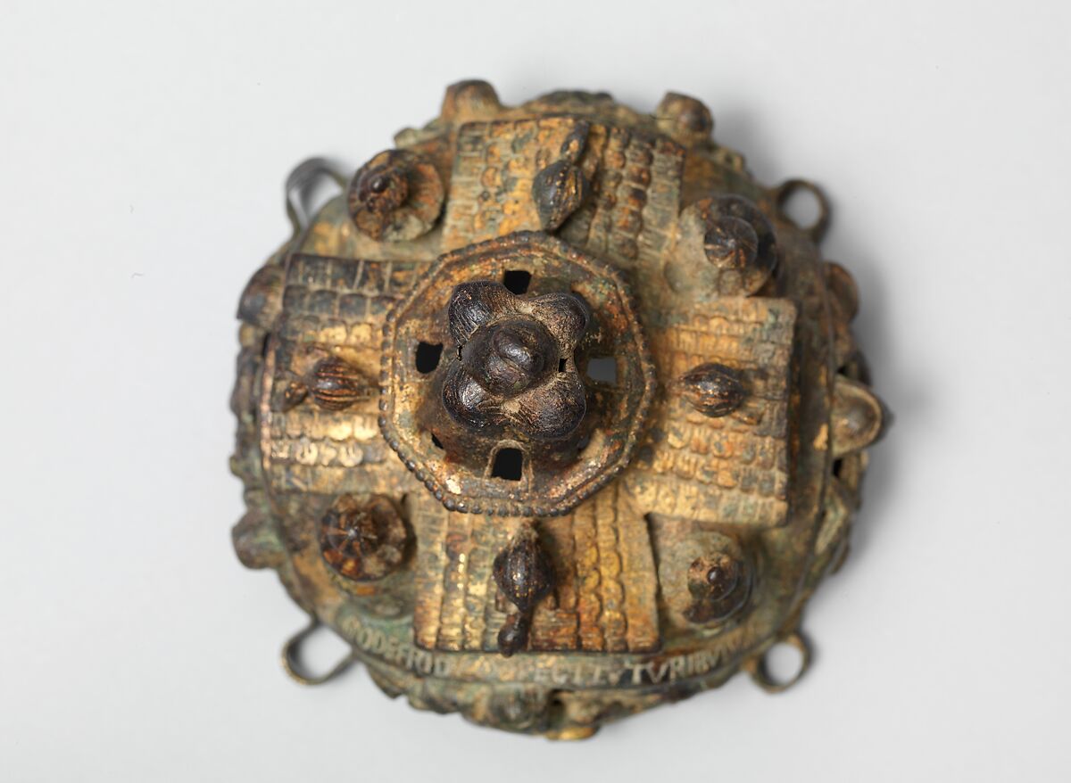 Cover of a Censer, Godefridus, Copper alloy, cast, engraved, chased, punched, and gilded, South Netherlandish