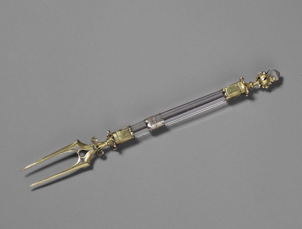 Sweetmeat Fork, Silver, partially engraved, silver-gilt, and rock crystal, German 