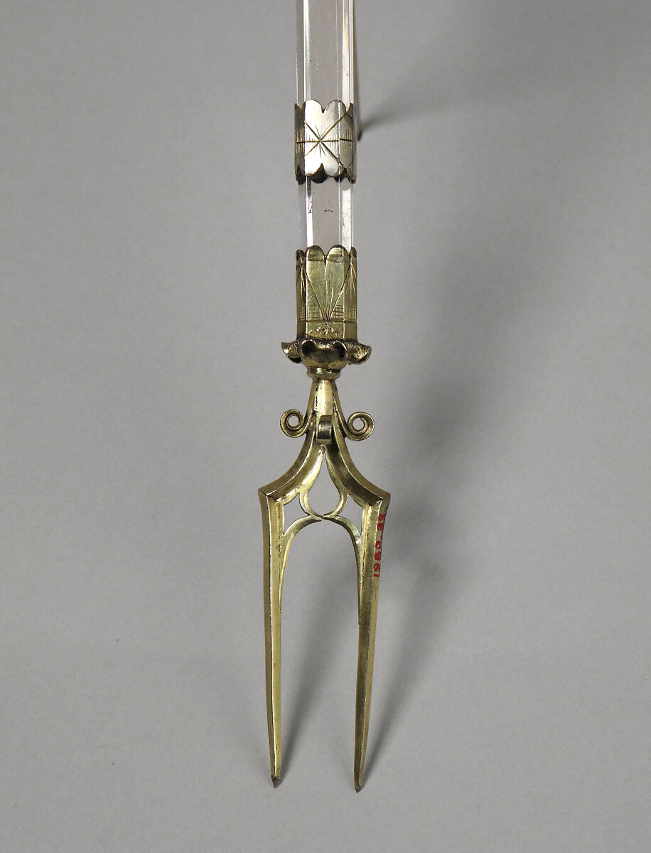 Sweetmeat Fork, Silver, partially engraved, silver-gilt, and rock crystal, German