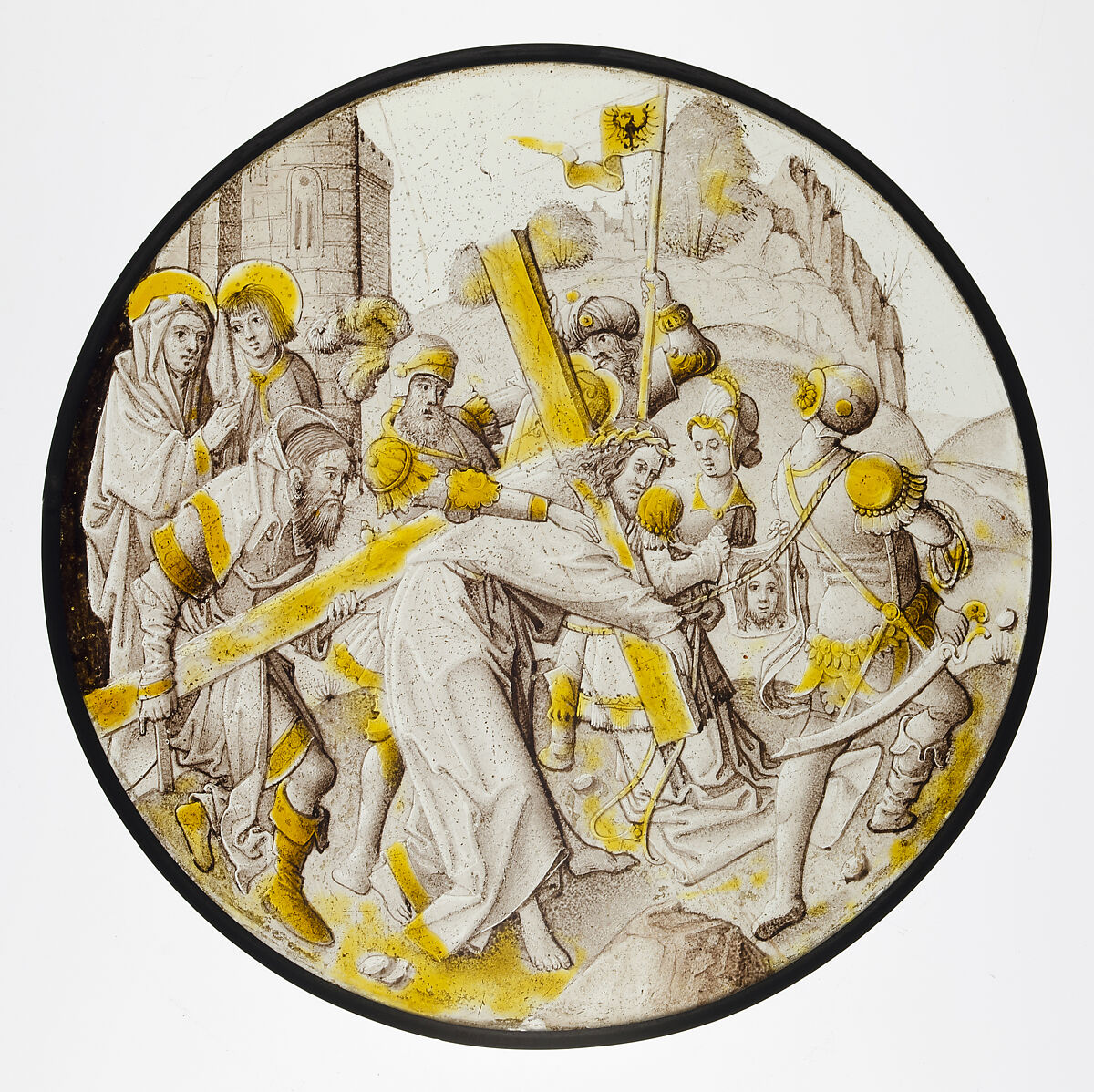 Roundel with Christ Carrying the Cross with Saint Veronica, Colorless glass, vitreous paint and silver stain, South Netherlandish 