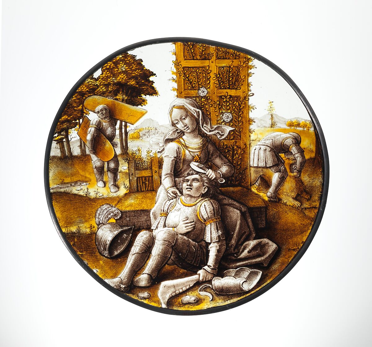 Roundel with Delilah Cutting the Hair of Samson, Colorless glass, vitreous paint and silver stain, North Netherlandish 