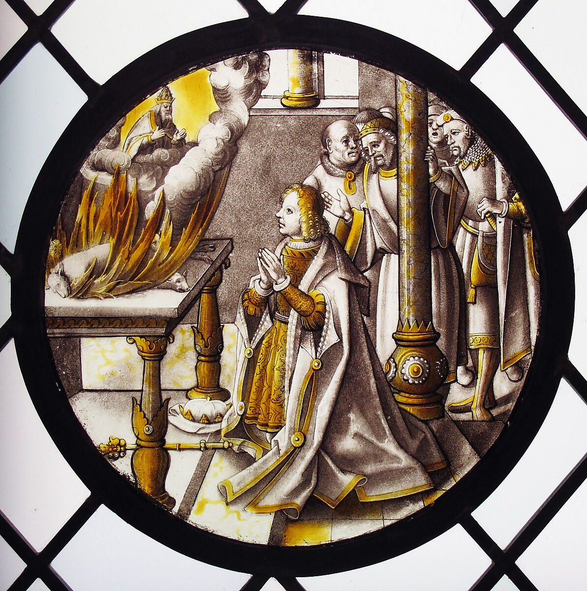 Roundel with Sacrifice in the Temple, Colorless glass, vitreous paint and silver stain, South Netherlandish 