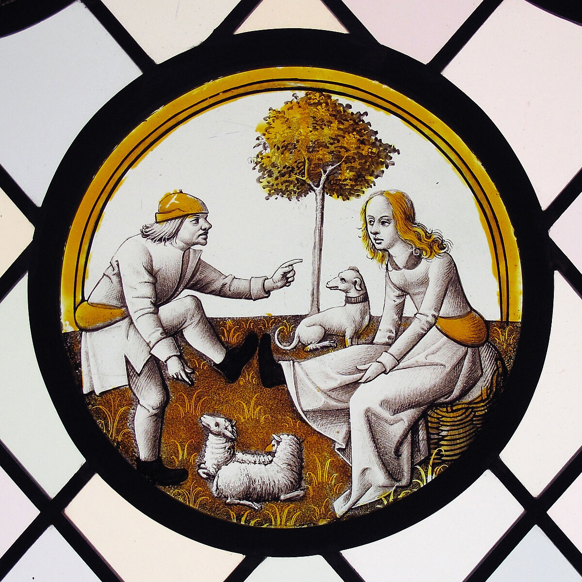 Roundel with Playing at Quintain, Colorless glass, vitreous paint and silver stain, French