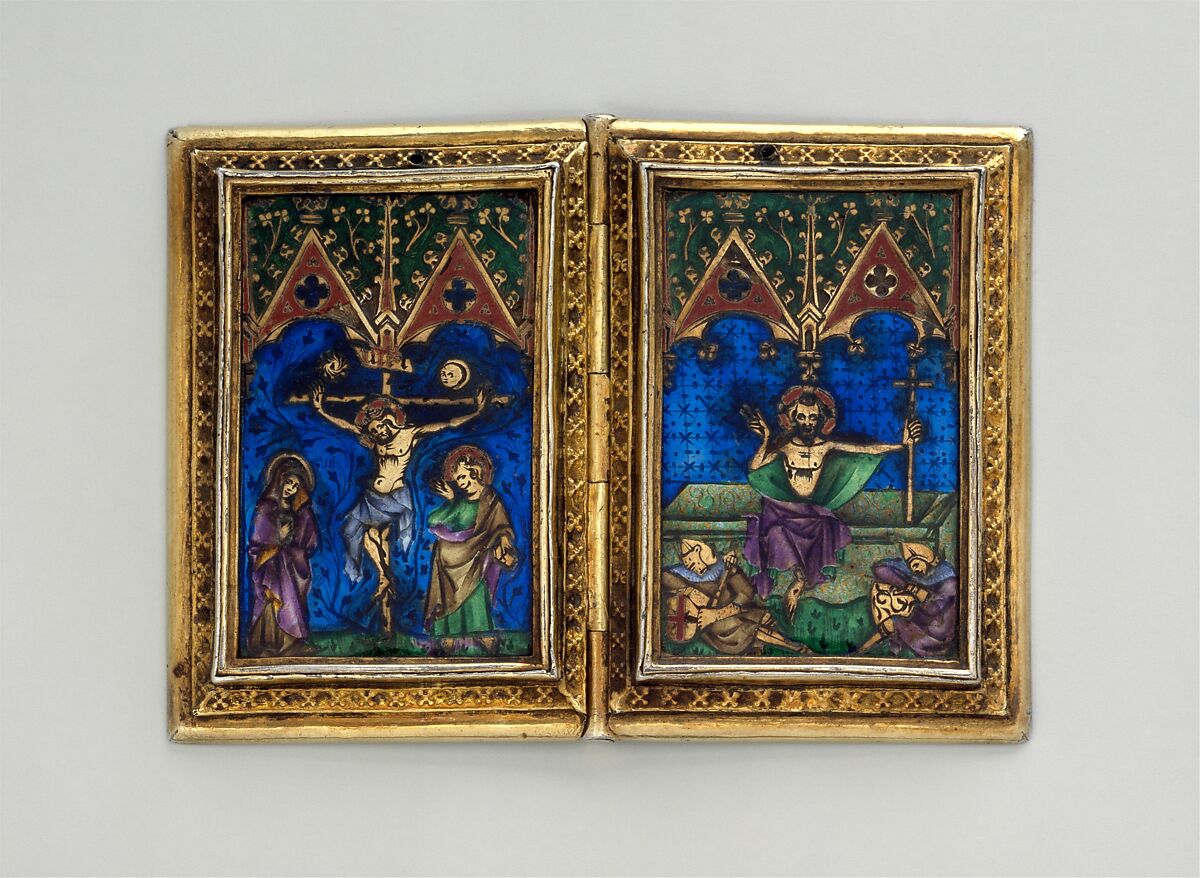Diptych with Scenes of the Annunciation, Nativity, Crucifixion, and Resurrection, Silver gilt with translucent and opaque enamels, German 