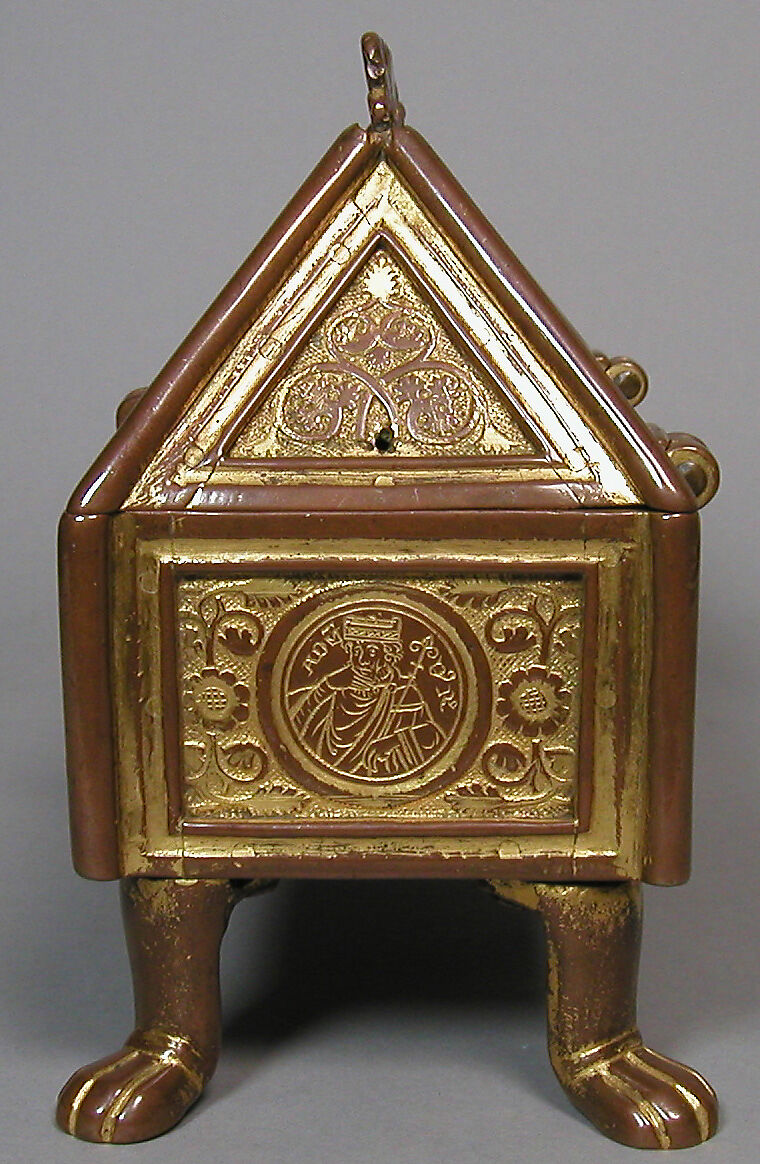 Reliquary Chasse, Copper; shaped, engraved, chased, and gilded; feet cast, British
