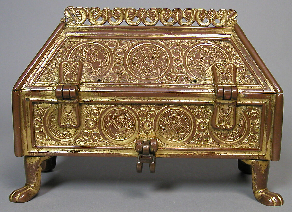Reliquary Chasse, Copper; shaped, engraved, chased, and gilded; feet cast, British