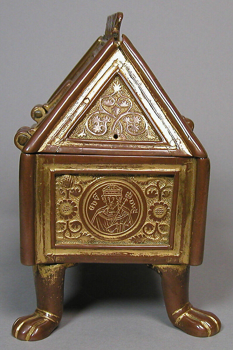 Reliquary Chasse, Copper; shaped, engraved, chased, and gilded; feet cast, British
