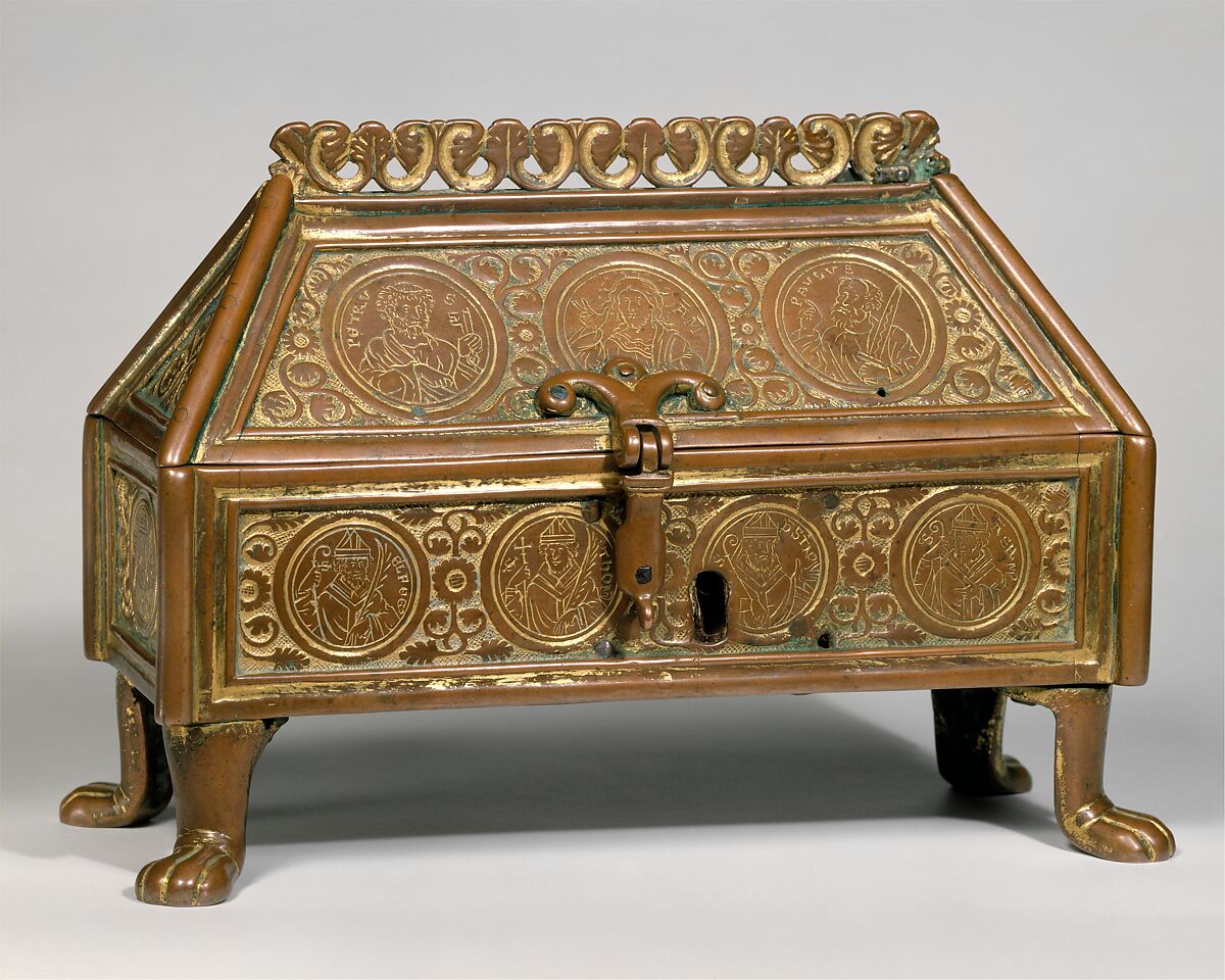 Reliquary Chasse, Copper; shaped, engraved, chased, and gilded; feet cast, British 