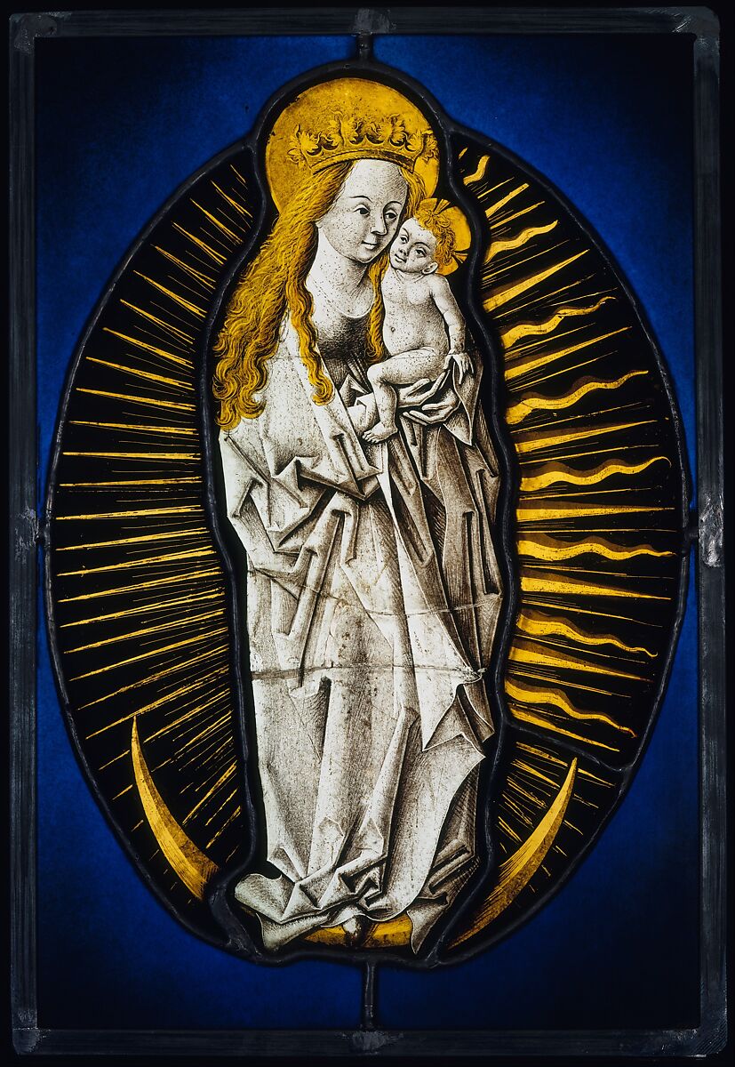Virgin of the Apocalypse, Circle of the Master of the Amsterdam Cabinet (German, active ca. 1470–90), Colorless glass, silver stain, and vitreous paint, German 