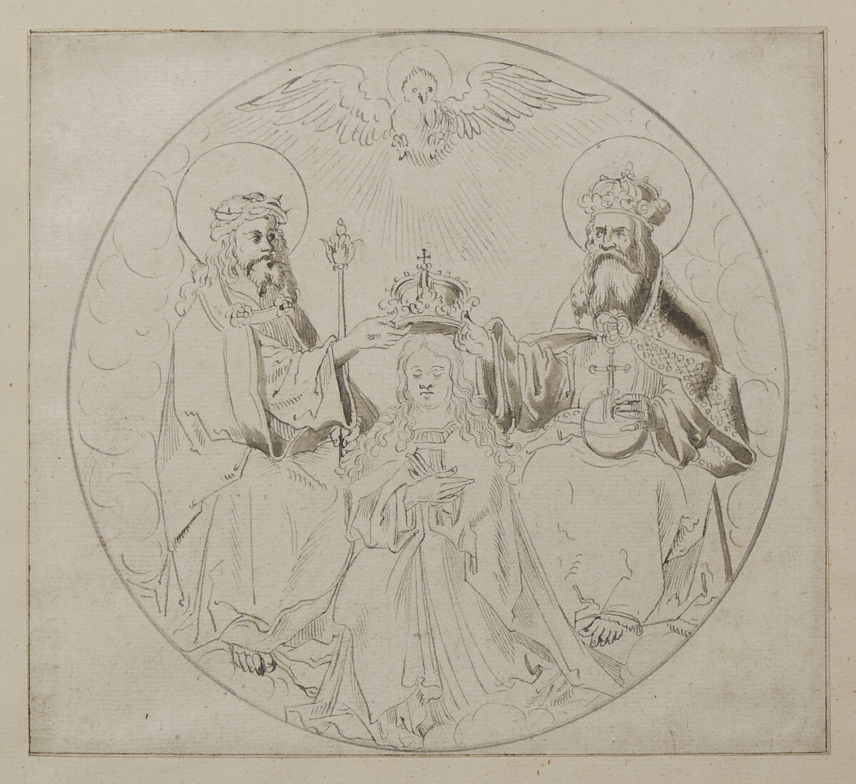 Coronation of the Virgin, Pen and ink with wash on paper, South Netherlandish 