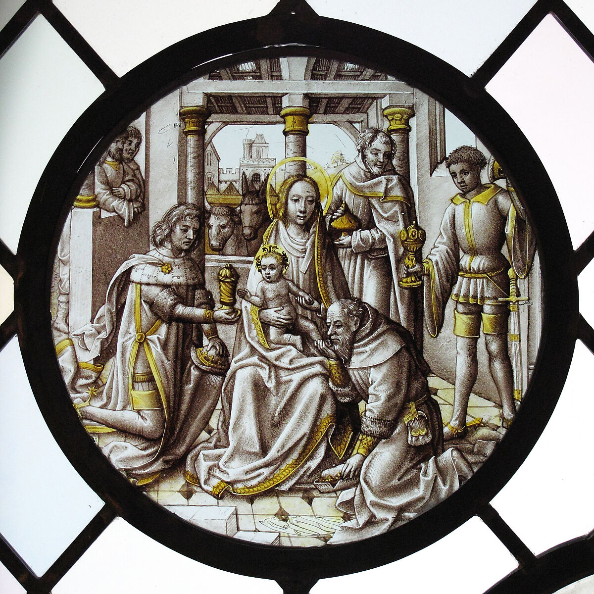 Roundel with the Adoration of the Magi, After Hans Memling (Netherlandish, Seligenstadt, active by 1465–died 1494 Bruges), Colorless glass, vitreous paint and silver stain, South Netherlandish or Lower German 