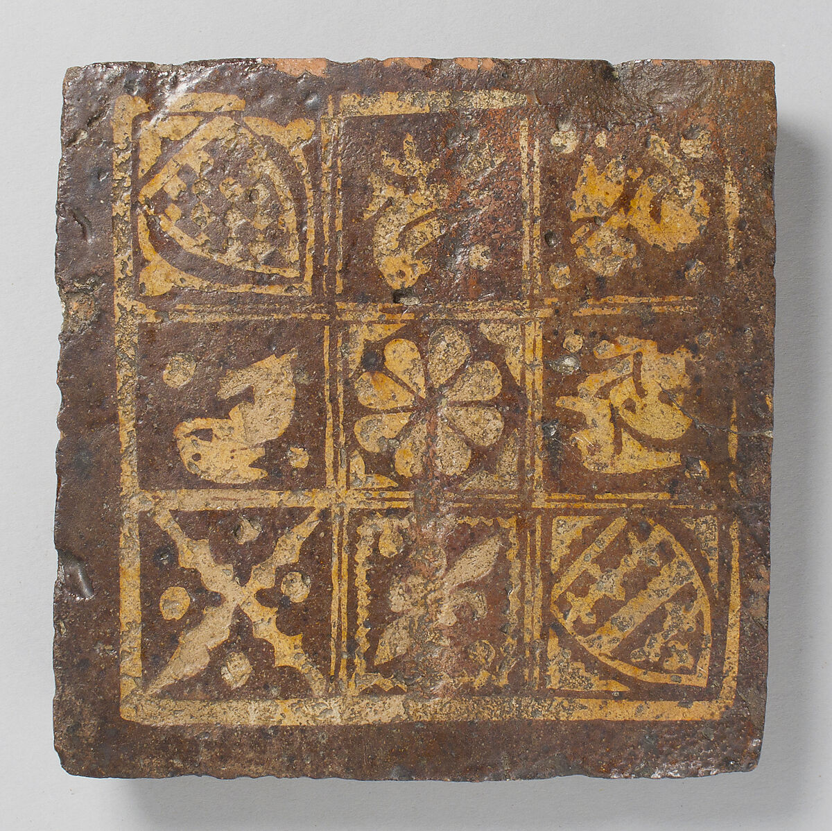 Two-Colored Heraldic Tile, Fired earthenware with slip decoration and lead glaze, British 