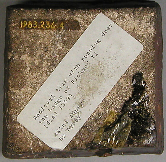 Tile with kneeling hart, Fired earthenware with slip decoration and lead glaze, British