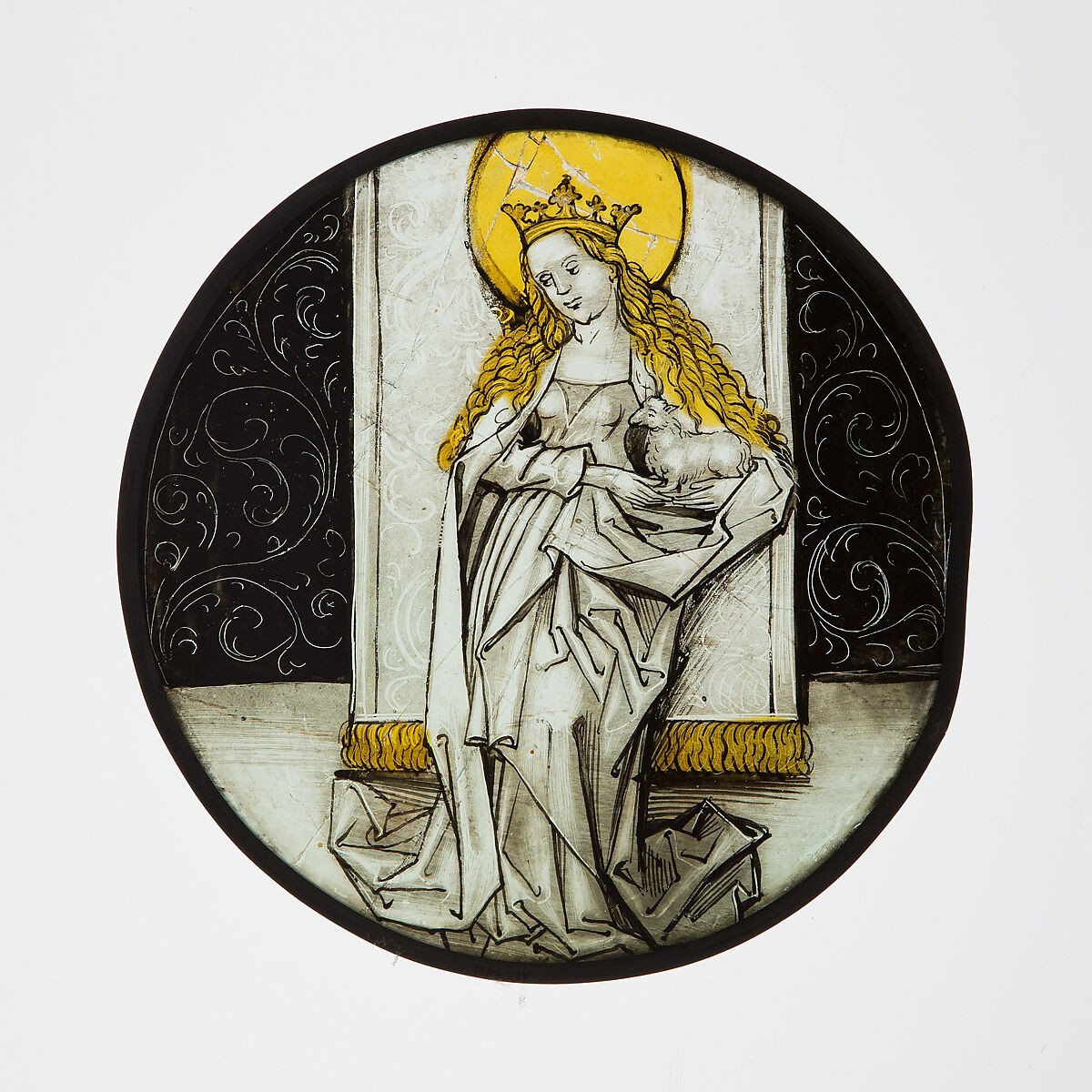 Roundel with Saint Agnes, Colorless glass, vitreous paint and silver stain, German 