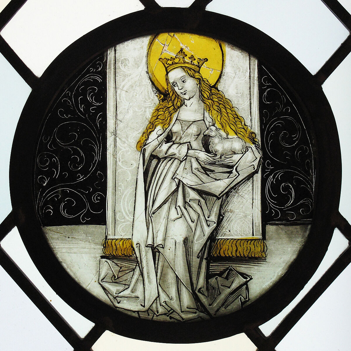 Roundel with Saint Agnes, Colorless glass, vitreous paint and silver stain, German