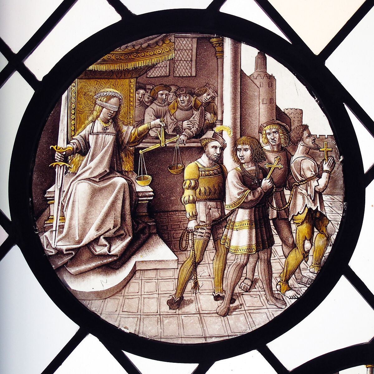 Roundel with Justice, Colorless glass, vitreous paint and silver stain, North Netherlandish 