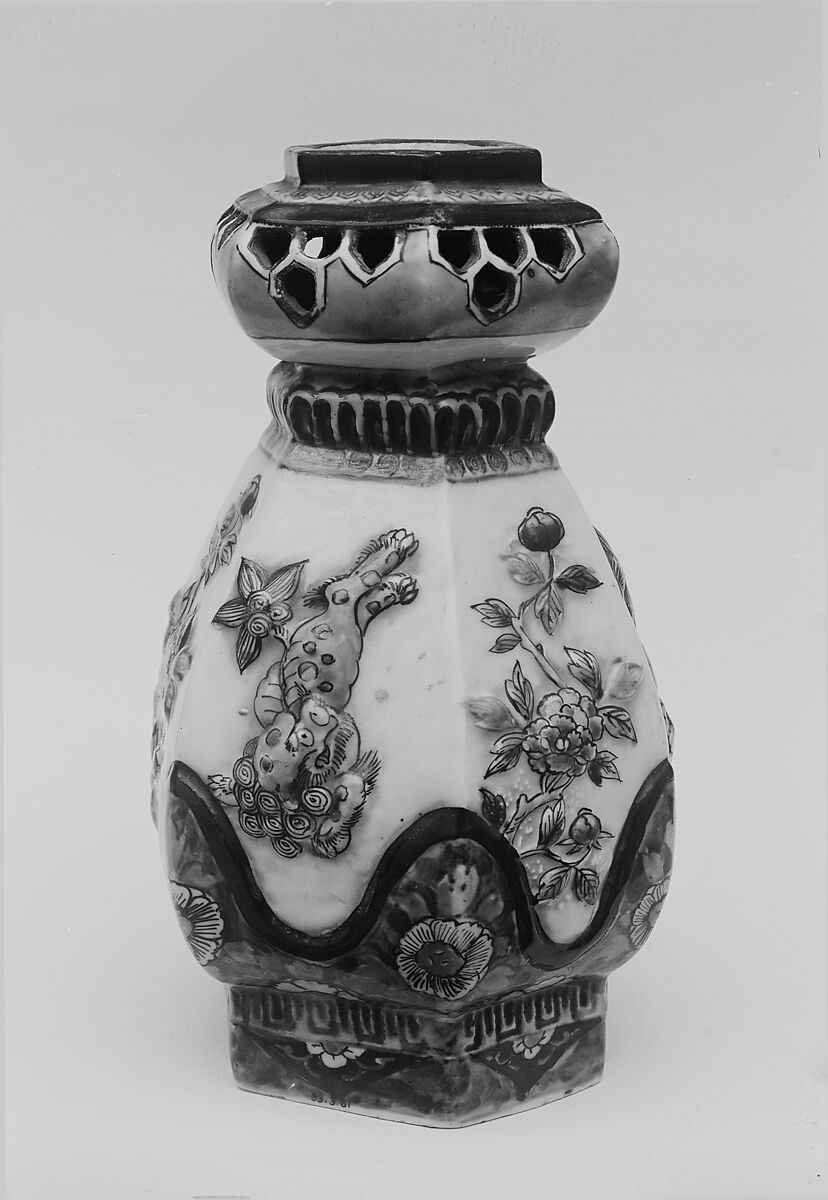 Vase, White porcelain with slip relief; decorated with blue under the glaze, polychrome enamels (Arita ware), Japan 