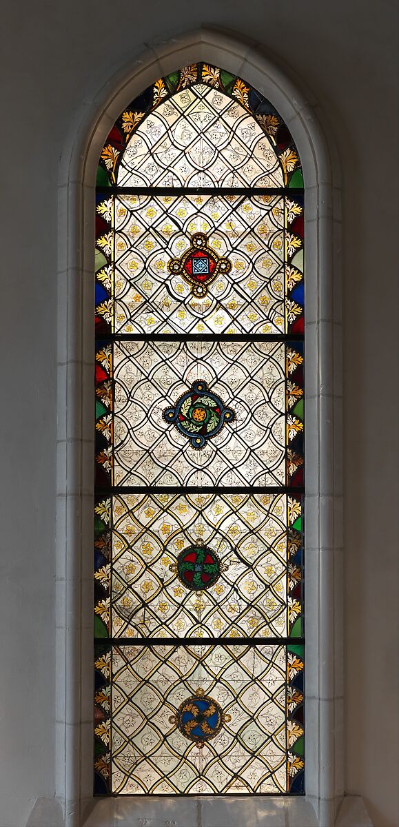 Grisaille Panels with Stylized Periwinkle Flowers, Pot-metal glass, colorless glass, silver stain, and vitreous paint, French