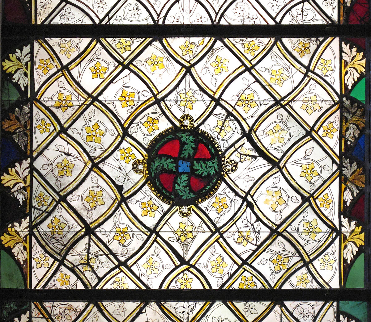 Grisaille Panels with Stylized Periwinkle Flowers, Pot-metal glass, colorless glass, silver stain, and vitreous paint, French 