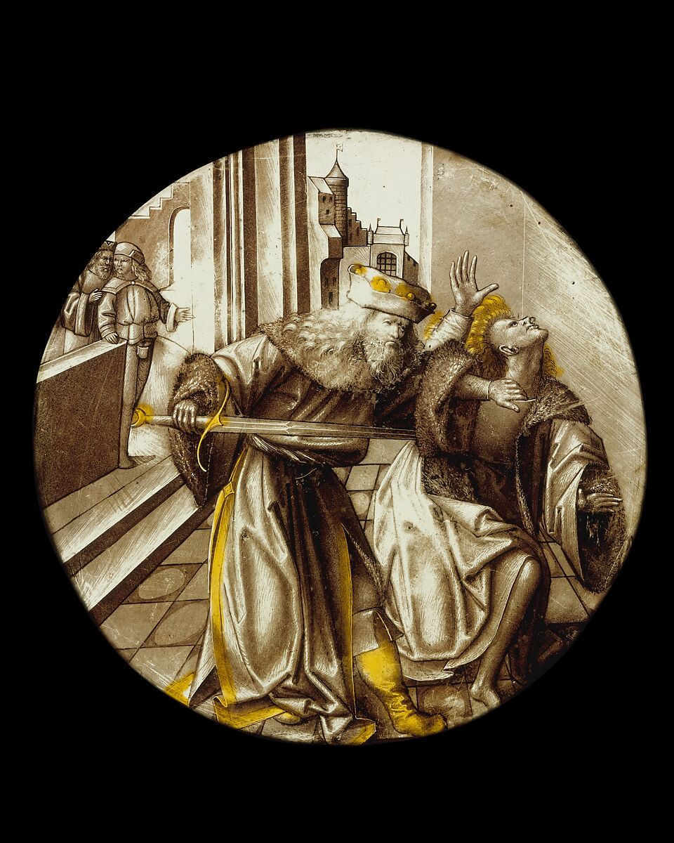 Roundel with Joab Murdering Abner, Colorless glass with silver stain and vitreous paint, North Netherlandish
