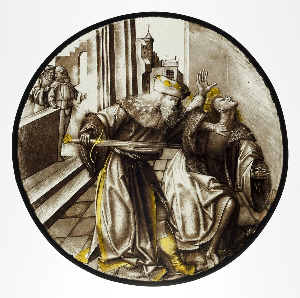 Roundel with Joab Murdering Abner, Colorless glass with silver stain and vitreous paint, North Netherlandish 
