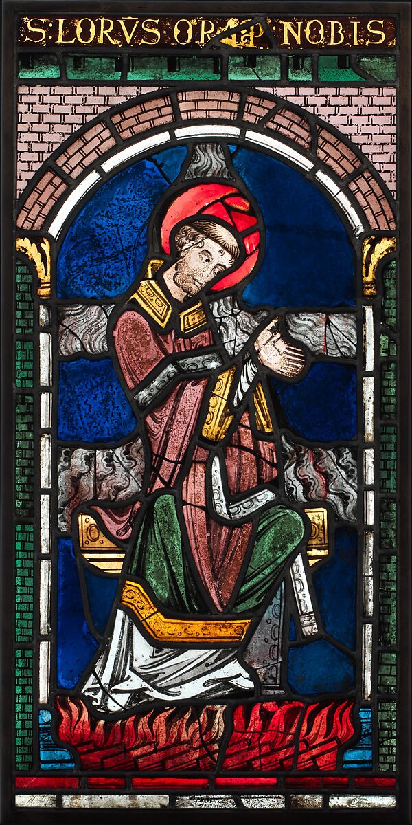 Martyrdom of Saint Lawrence, Pot-metal glass, vitreous paint, British 