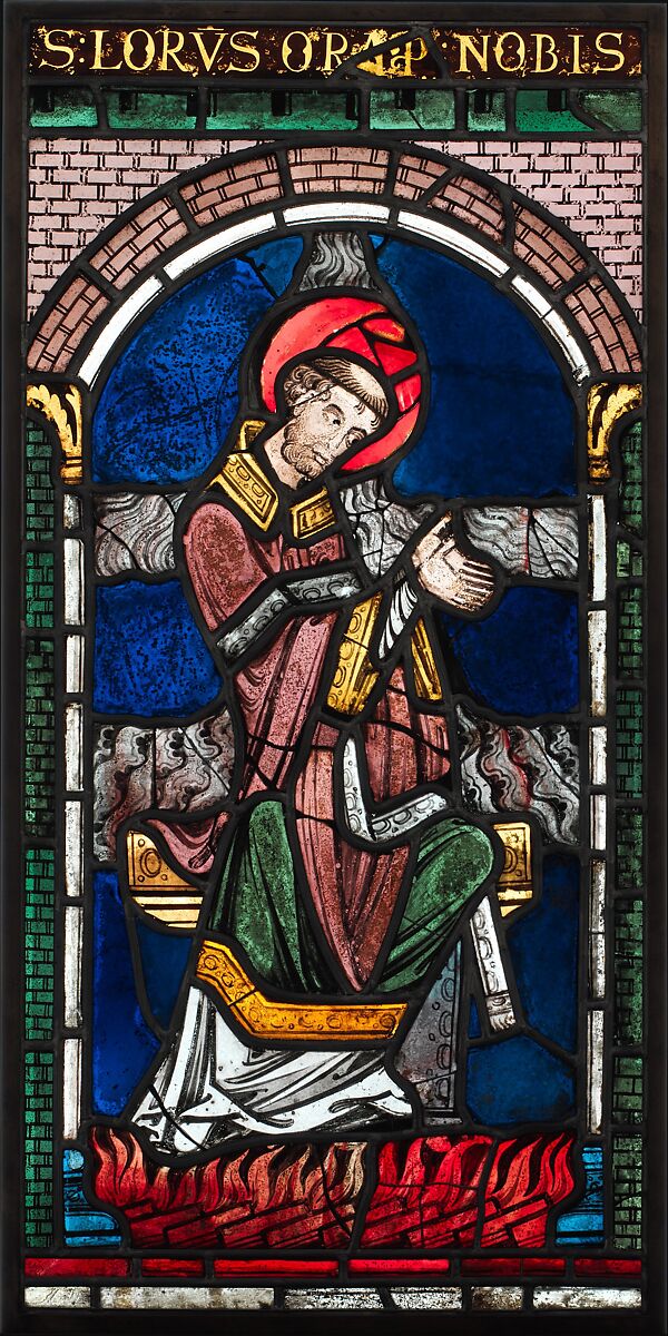 Martyrdom of Saint Lawrence, Pot-metal glass, vitreous paint, British