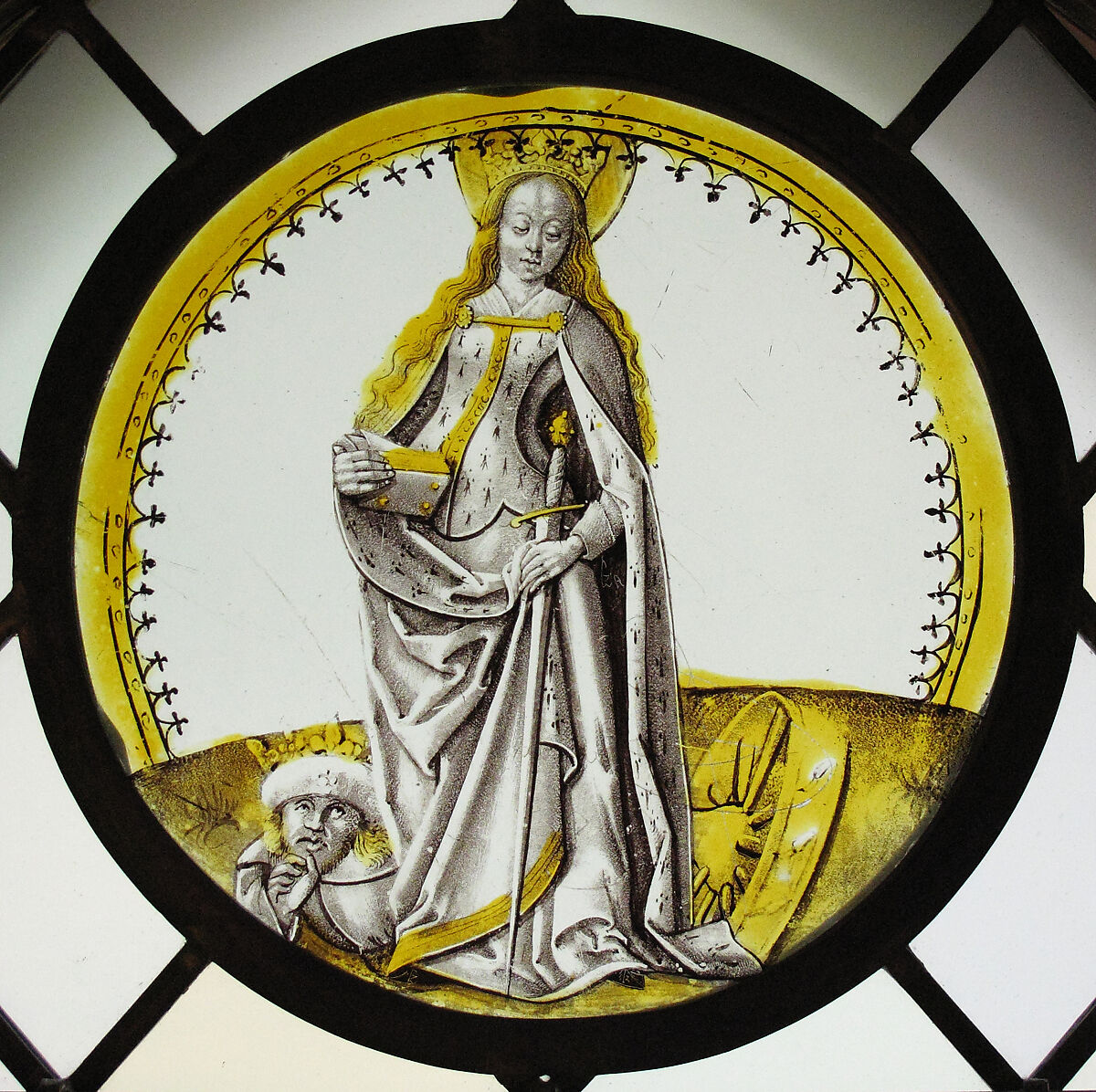 Roundel with Saint Catherine of Alexandria, Colorless glass, vitreous paint and silver stain, South Netherlandish 