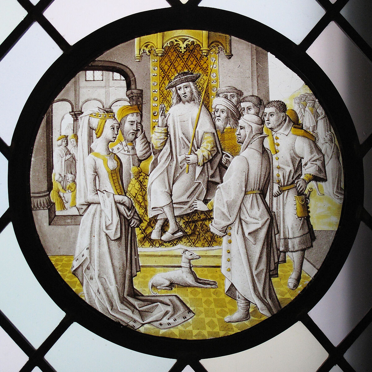 Roundel with Susanna In Judgement, After Master of the Jospeh Panels, Jacob Van Lathem?, Colorless glass, vitreous paint and silver stain, South Netherlandish