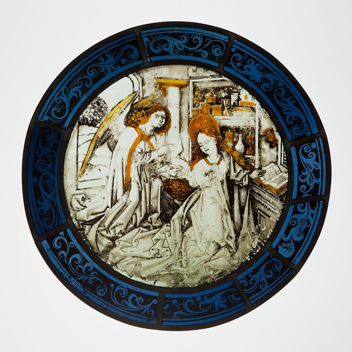 Roundel with the Annunciation, Colorless glass, vitreous paint and silver stain, South German 