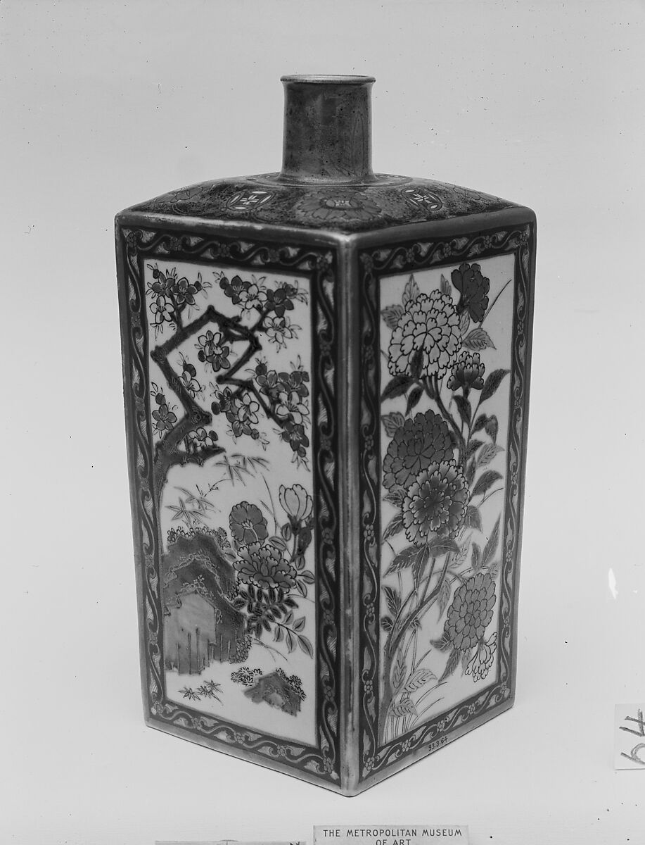 Square Bottle, White porcelain decorated with blue under the glaze, polychrome enamels (Arita ware), Japan 