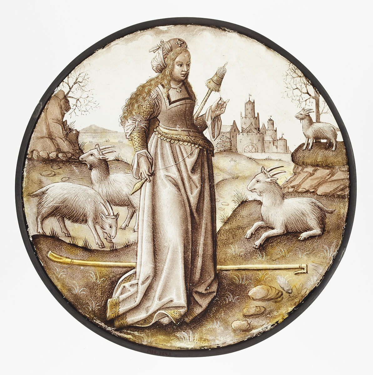 Roundel with Allegorical Figure, Colorless glass, vitreous paint and silver stain, South Netherlandish 